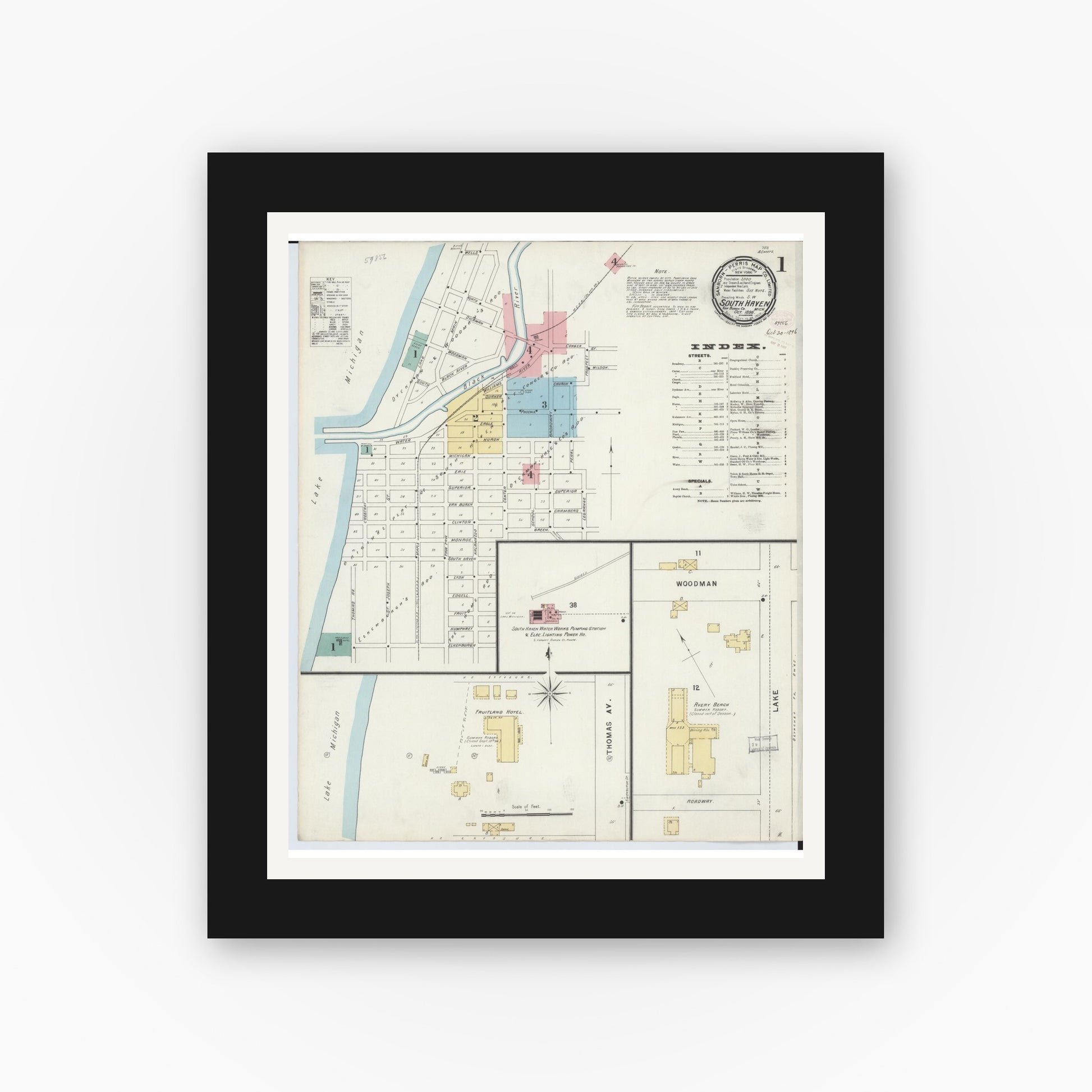 Old map wall art mockup — black gallery frame with white mat — Sanborn Fire Insurance Map from South Haven, Van Buren County, Michigan (1896), Sheet #0001
