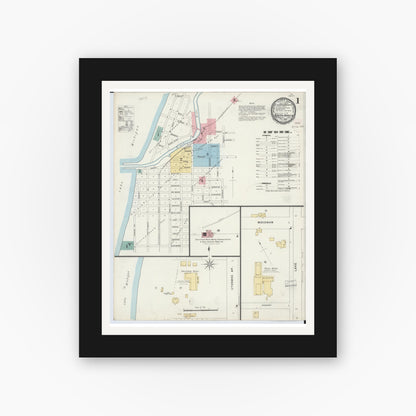 Old map wall art mockup — black gallery frame with white mat — Sanborn Fire Insurance Map from South Haven, Van Buren County, Michigan (1896), Sheet #0001
