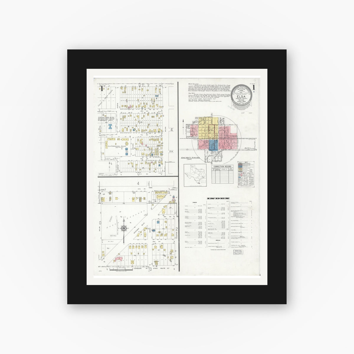 Old map wall art mockup — black gallery frame with white mat — Sanborn Fire Insurance Map from Elsa, Hidalgo County, Texas (1949) - Complete Map Set