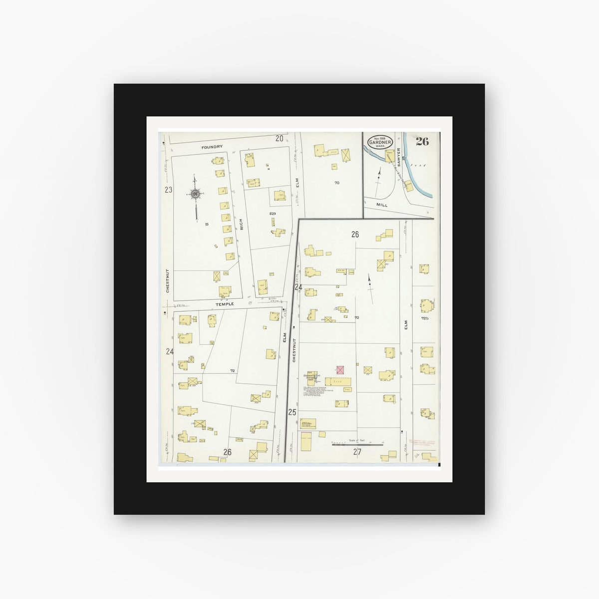 Old map wall art mockup — black gallery frame with white mat — Sanborn Fire Insurance Map from Gardner, Worcester County, Massachusetts (1909), Sheet #0026
