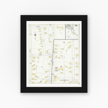 Old map wall art mockup — black gallery frame with white mat — Sanborn Fire Insurance Map from Gardner, Worcester County, Massachusetts (1909), Sheet #0026