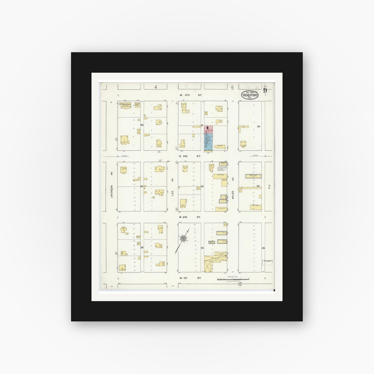 Old map wall art mockup — black gallery frame with white mat — Sanborn Fire Insurance Map from Hereford, Deaf Smith County, Texas (1920), Sheet #0009