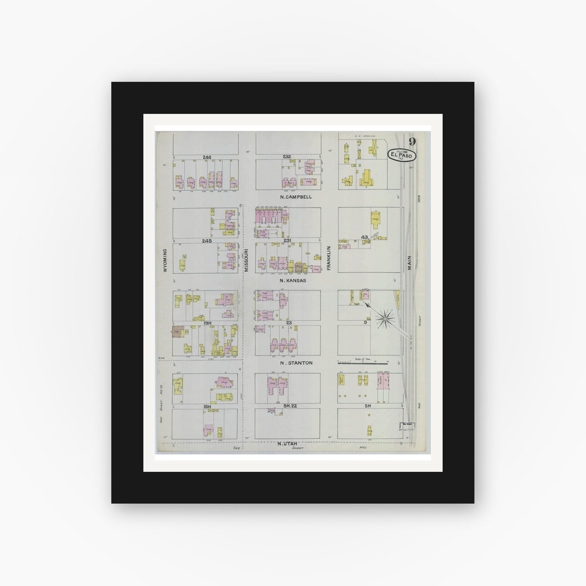 Old map wall art mockup — black gallery frame with white mat — Sanborn Fire Insurance Map from El Paso, El Paso County, Texas (1888), Sheet #0009