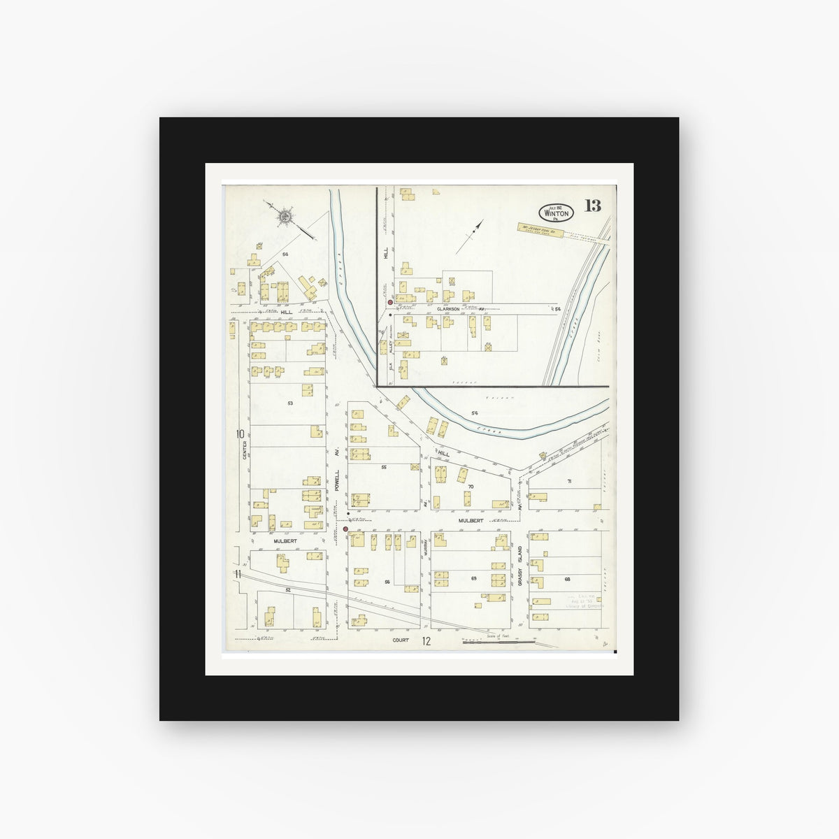 Old map wall art mockup — black gallery frame with white mat — Sanborn Fire Insurance Map from Winton, Lackawanna County, Pennsylvania (1912), Sheet #0013