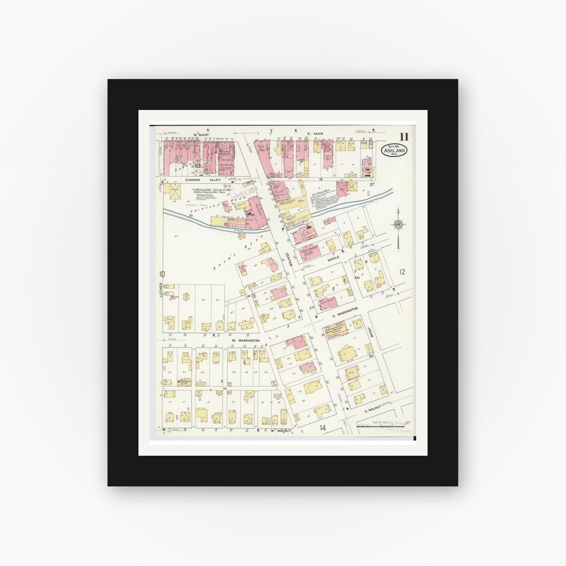 Old map wall art mockup — black gallery frame with white mat — Sanborn Fire Insurance Map from Ashland, Ashland County, Ohio (1911), Sheet #0011