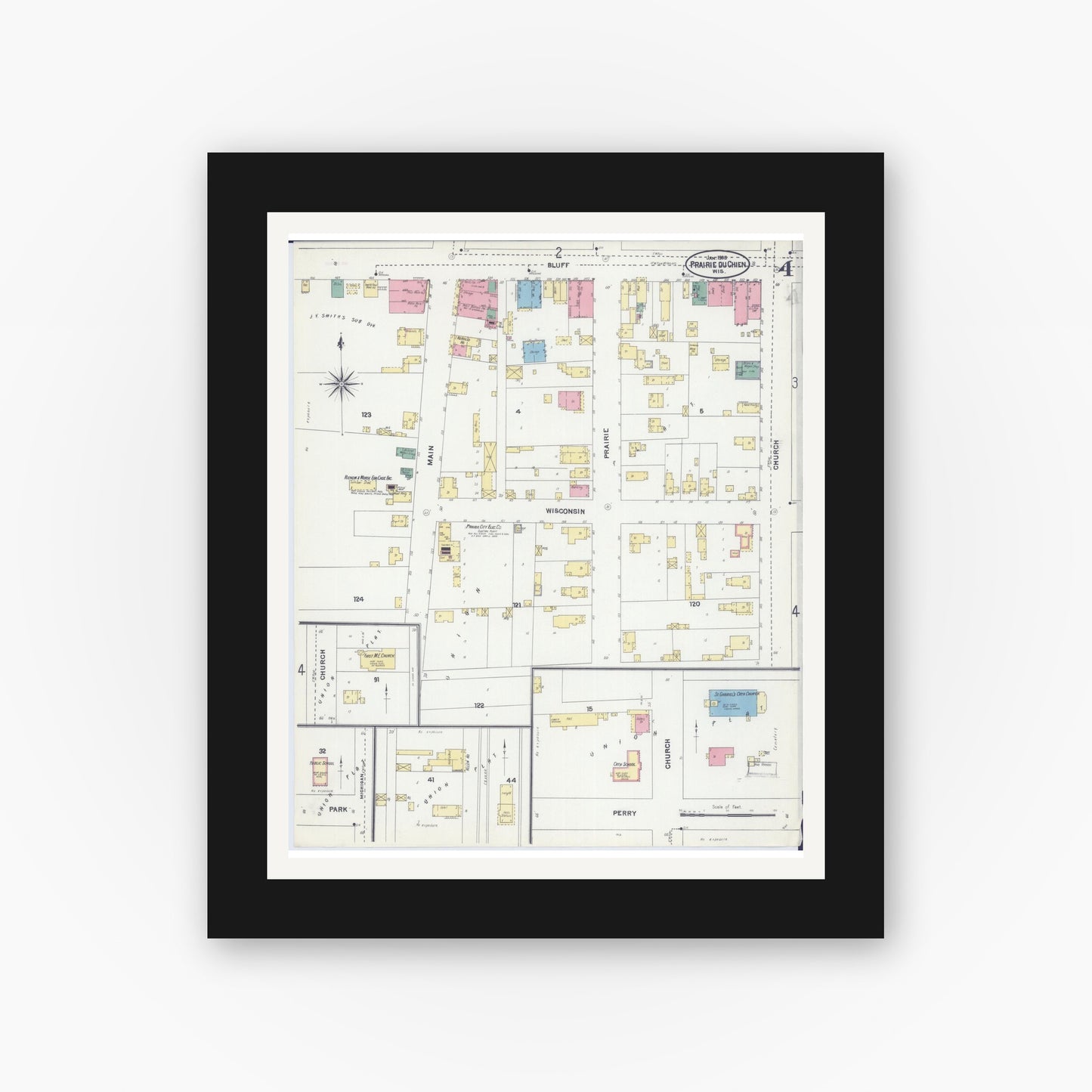 Old map wall art mockup — black gallery frame with white mat — Sanborn Fire Insurance Map from Prairie du Chien, Crawford County, Wisconsin (1905), Sheet #0004