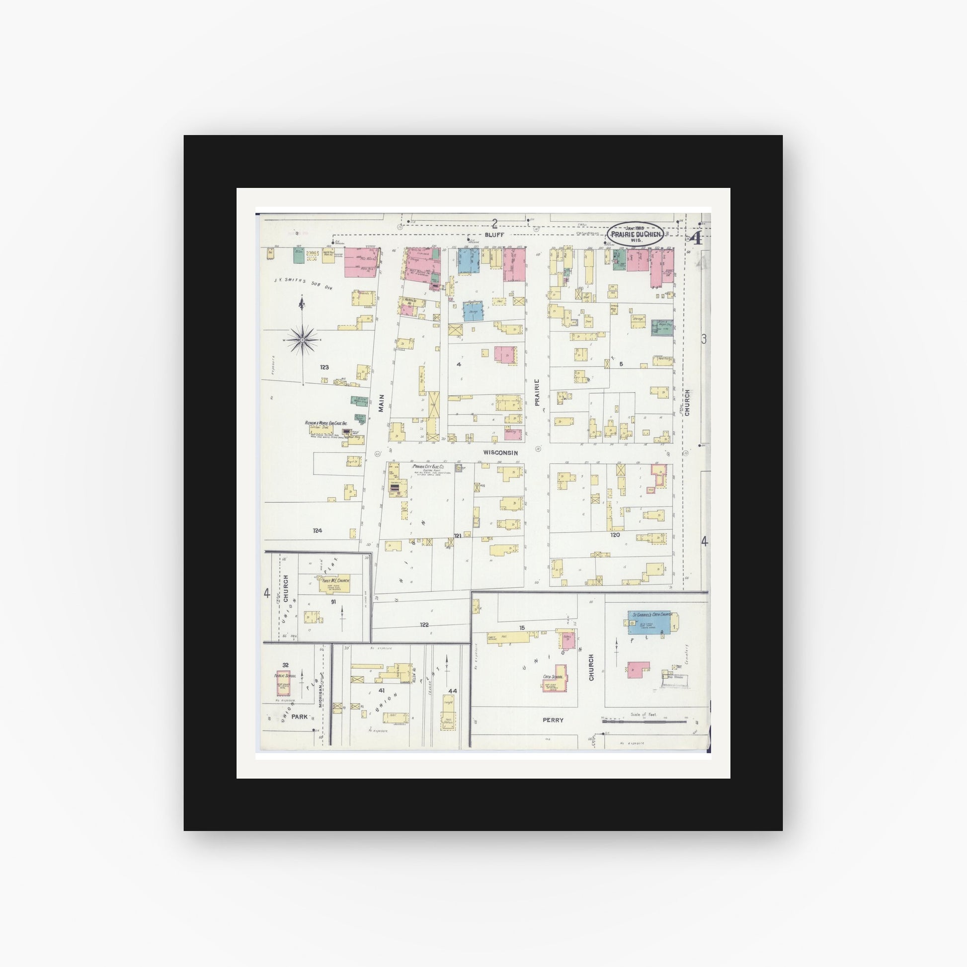 Old map wall art mockup — black gallery frame with white mat — Sanborn Fire Insurance Map from Prairie du Chien, Crawford County, Wisconsin (1905), Sheet #0004