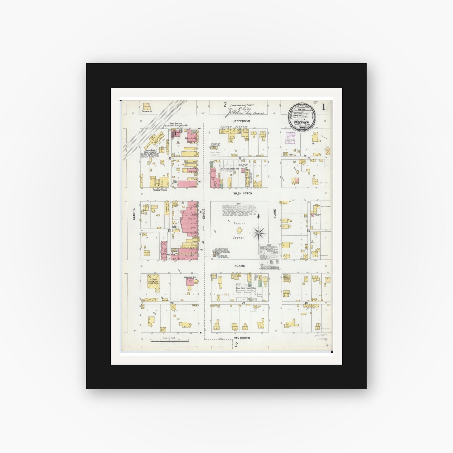 Old map wall art mockup — black gallery frame with white mat — Sanborn Fire Insurance Map from Greenview, Menard County, Illinois (1901) - Complete Map Set