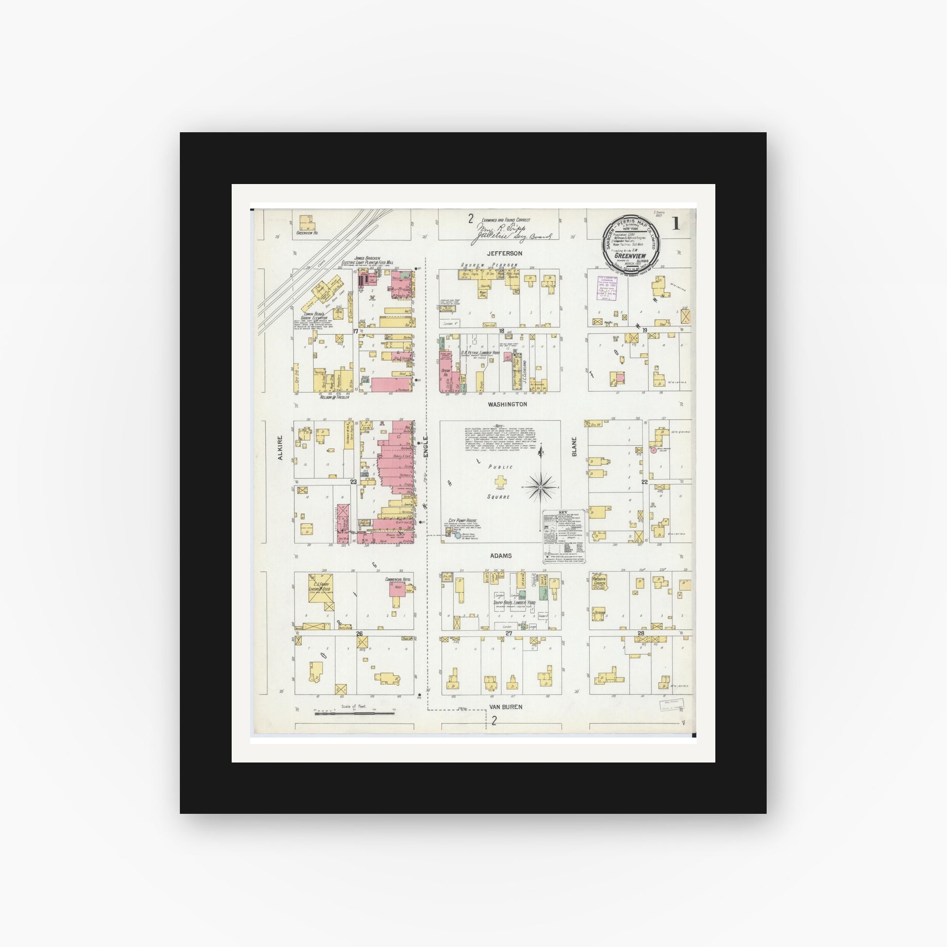 Old map wall art mockup — black gallery frame with white mat — Sanborn Fire Insurance Map from Greenview, Menard County, Illinois (1901) - Complete Map Set