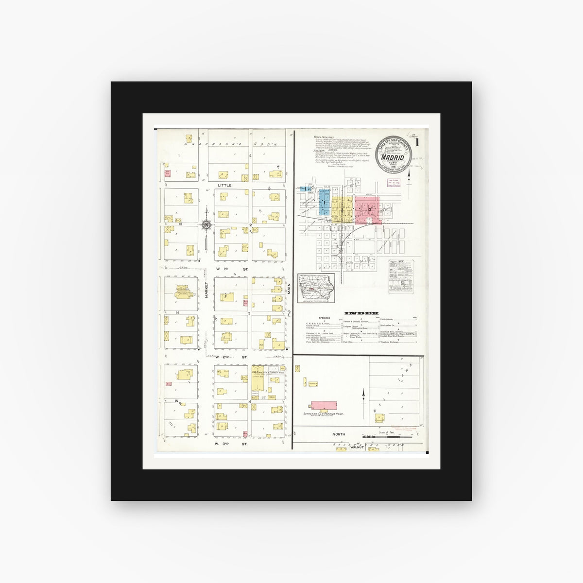 Old map wall art mockup — black gallery frame with white mat — Sanborn Fire Insurance Map from Madrid, Boone County, Iowa (1916), Sheet #0001