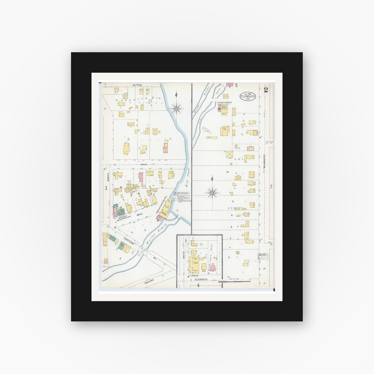 Old map wall art mockup — black gallery frame with white mat — Sanborn Fire Insurance Map from Plymouth, Sheboygan County, Wisconsin (1903), Sheet #0002
