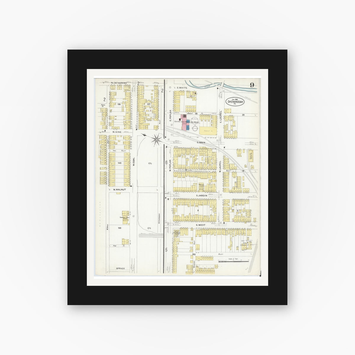 Old map wall art mockup — black gallery frame with white mat — Sanborn Fire Insurance Map from Shenandoah, Schuylkill County, Pennsylvania (1908), Sheet #0009