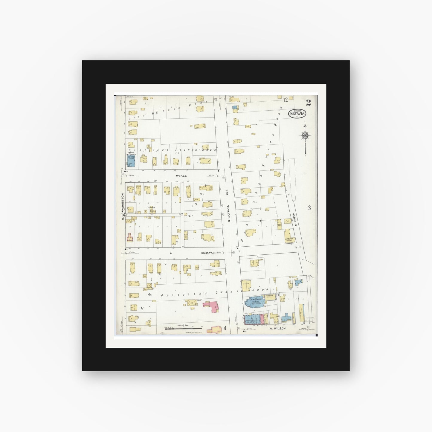 Old map wall art mockup — black gallery frame with white mat — Sanborn Fire Insurance Map from Batavia, Kane County, Illinois (1916), Sheet #0002