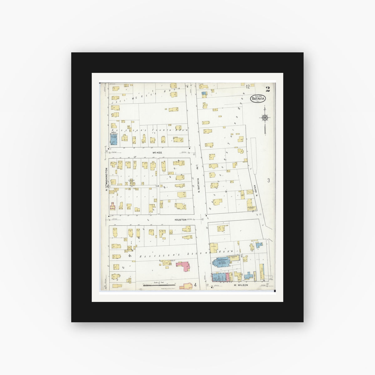 Old map wall art mockup — black gallery frame with white mat — Sanborn Fire Insurance Map from Batavia, Kane County, Illinois (1916), Sheet #0002