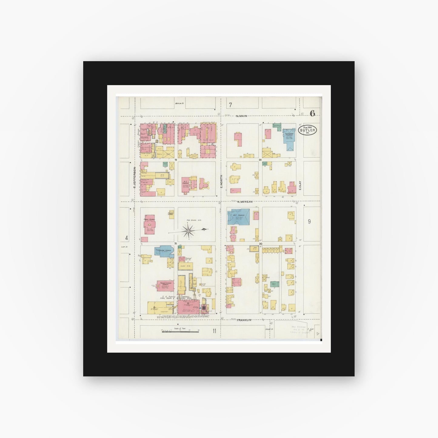 Old map wall art mockup — black gallery frame with white mat — Sanborn Fire Insurance Map from Butler, Butler County, Pennsylvania (1906), Sheet #0006