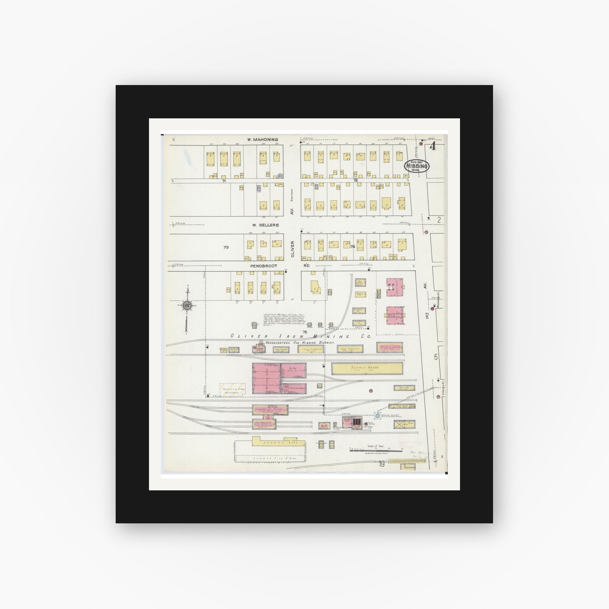 Old map wall art mockup — black gallery frame with white mat — Sanborn Fire Insurance Map from Hibbing, Saint Louis County, Minnesota (1921), Sheet #0004