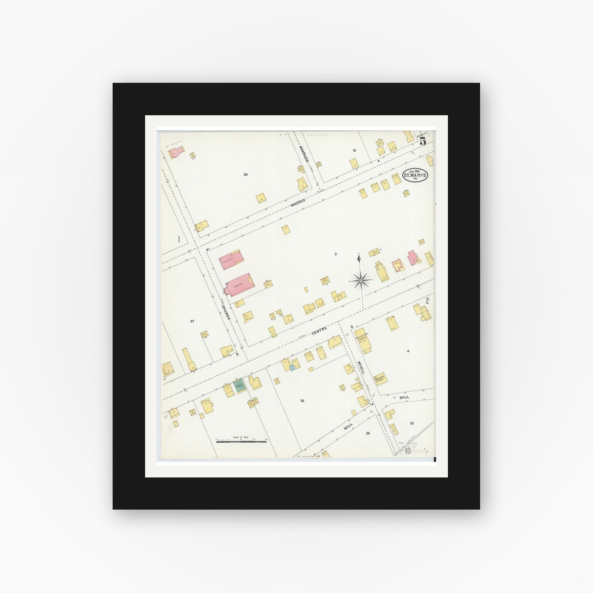 Old map wall art mockup — black gallery frame with white mat — Sanborn Fire Insurance Map from Saint Marys, Elk County, Pennsylvania (1904), Sheet #0005
