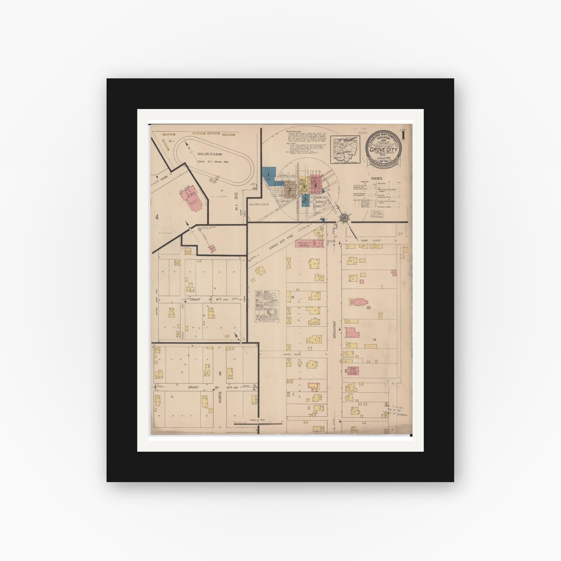 Old map wall art mockup — black gallery frame with white mat — Sanborn Fire Insurance Map from Grove City, Franklin County, Ohio (1922), Sheet #0001