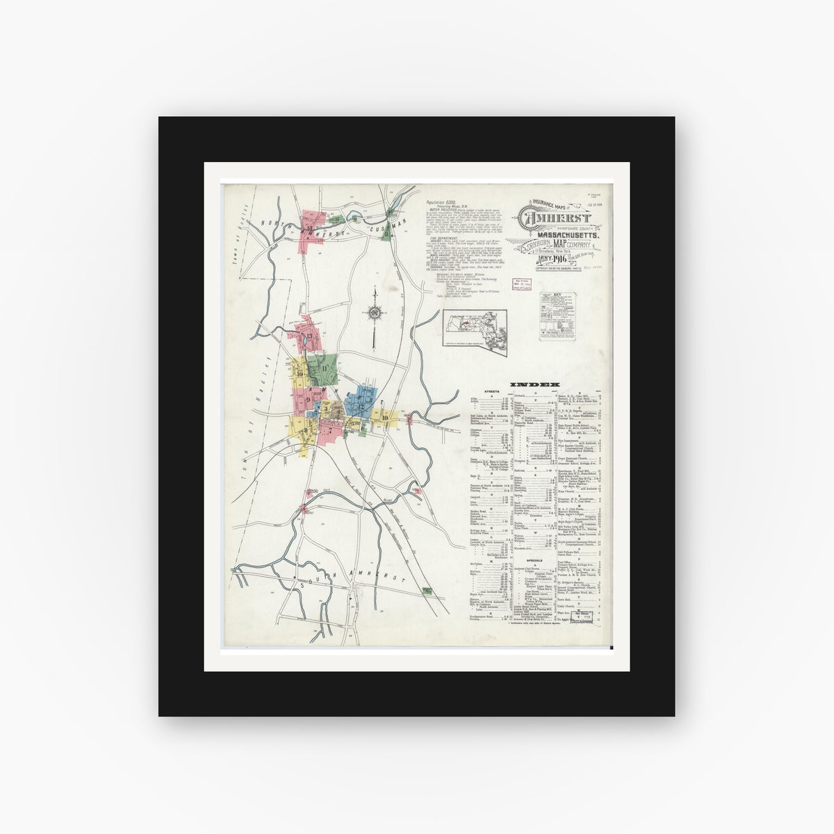 Old map wall art mockup — black gallery frame with white mat — Sanborn Fire Insurance Map from Amherst, Hampshire County, Massachusetts (1916), Sheet #0001