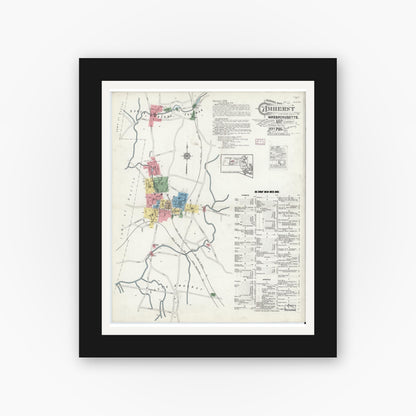 Old map wall art mockup — black gallery frame with white mat — Sanborn Fire Insurance Map from Amherst, Hampshire County, Massachusetts (1916), Sheet #0001
