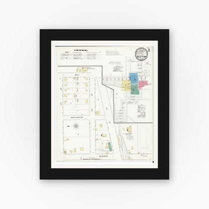 Old map wall art mockup — black gallery frame with white mat — Sanborn Fire Insurance Map from Belle Plaine, Benton County, Iowa (1894) â€” Complete Set