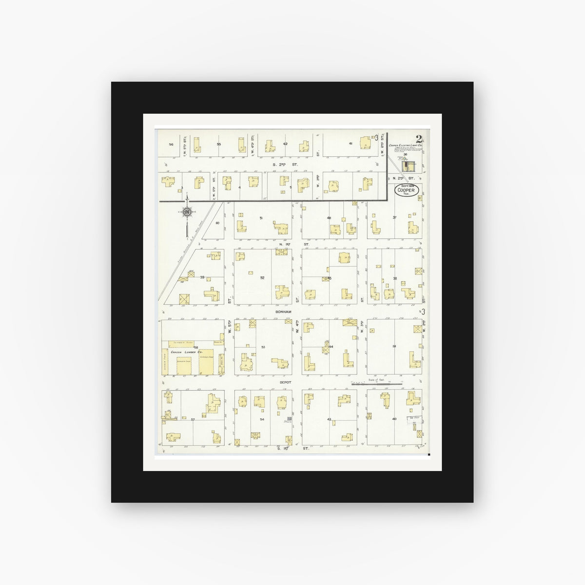 Old map wall art mockup — black gallery frame with white mat — Sanborn Fire Insurance Map from Cooper, Delta County, Texas (1909), Sheet #0002