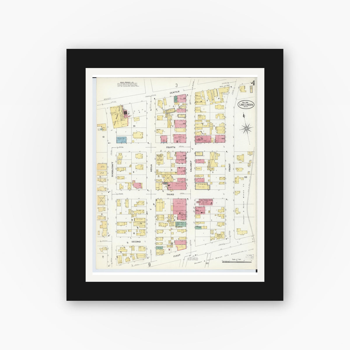 Old map wall art mockup — black gallery frame with white mat — Sanborn Fire Insurance Map from Lake Linden, Houghton County, Michigan (1908), Sheet #0004