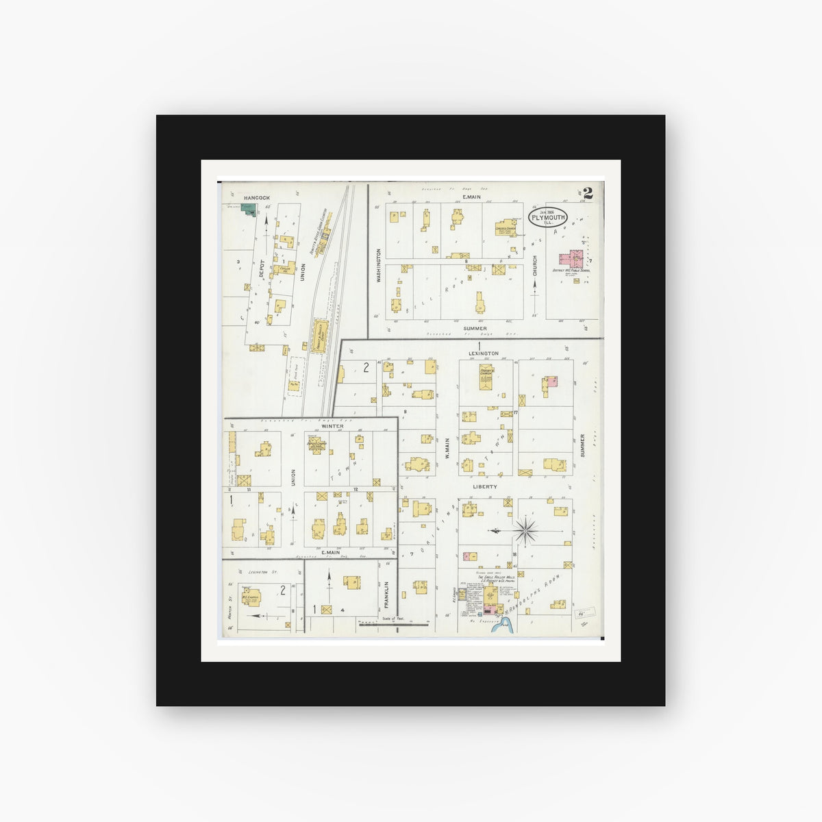 Old map wall art mockup — black gallery frame with white mat — Sanborn Fire Insurance Map from Plymouth, Hancock County, Illinois (1906), Sheet #0002