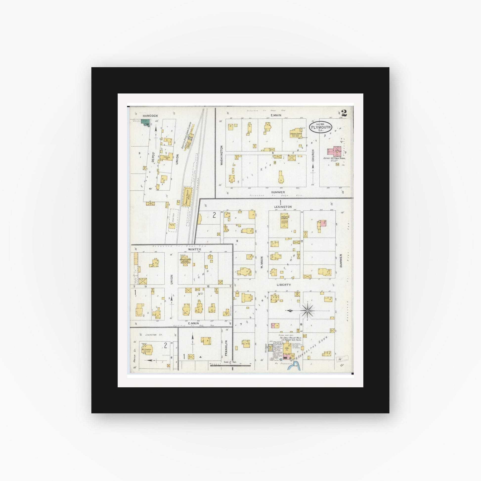 Old map wall art mockup — black gallery frame with white mat — Sanborn Fire Insurance Map from Plymouth, Hancock County, Illinois (1906), Sheet #0002