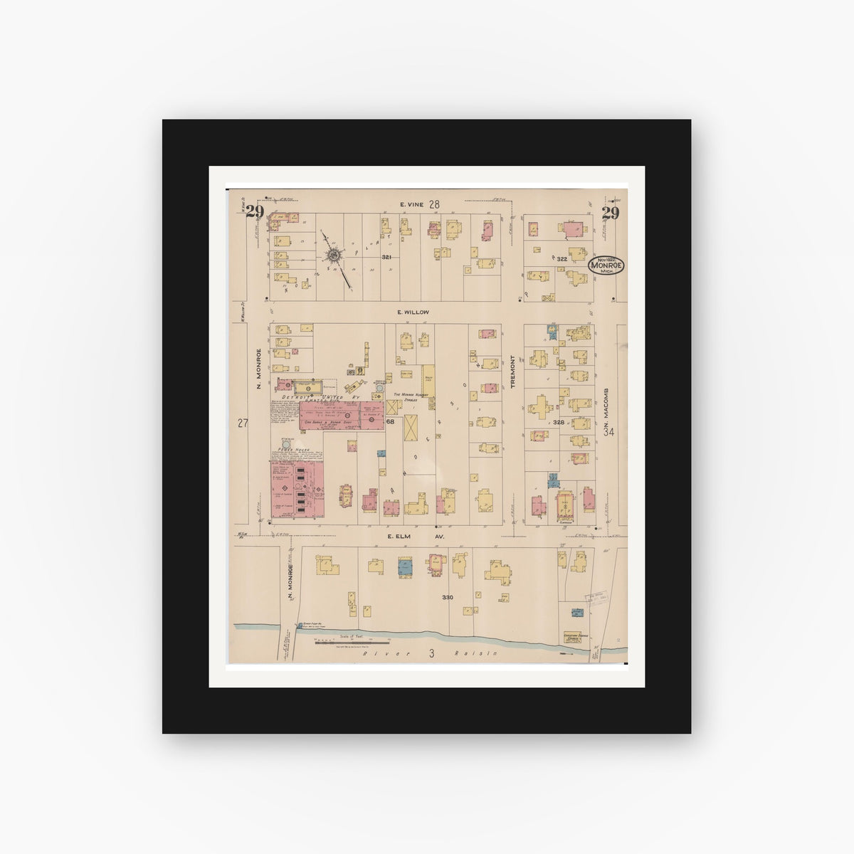 Old map wall art mockup — black gallery frame with white mat — Sanborn Fire Insurance Map from Monroe, Monroe County, Michigan (1922), Sheet #0029