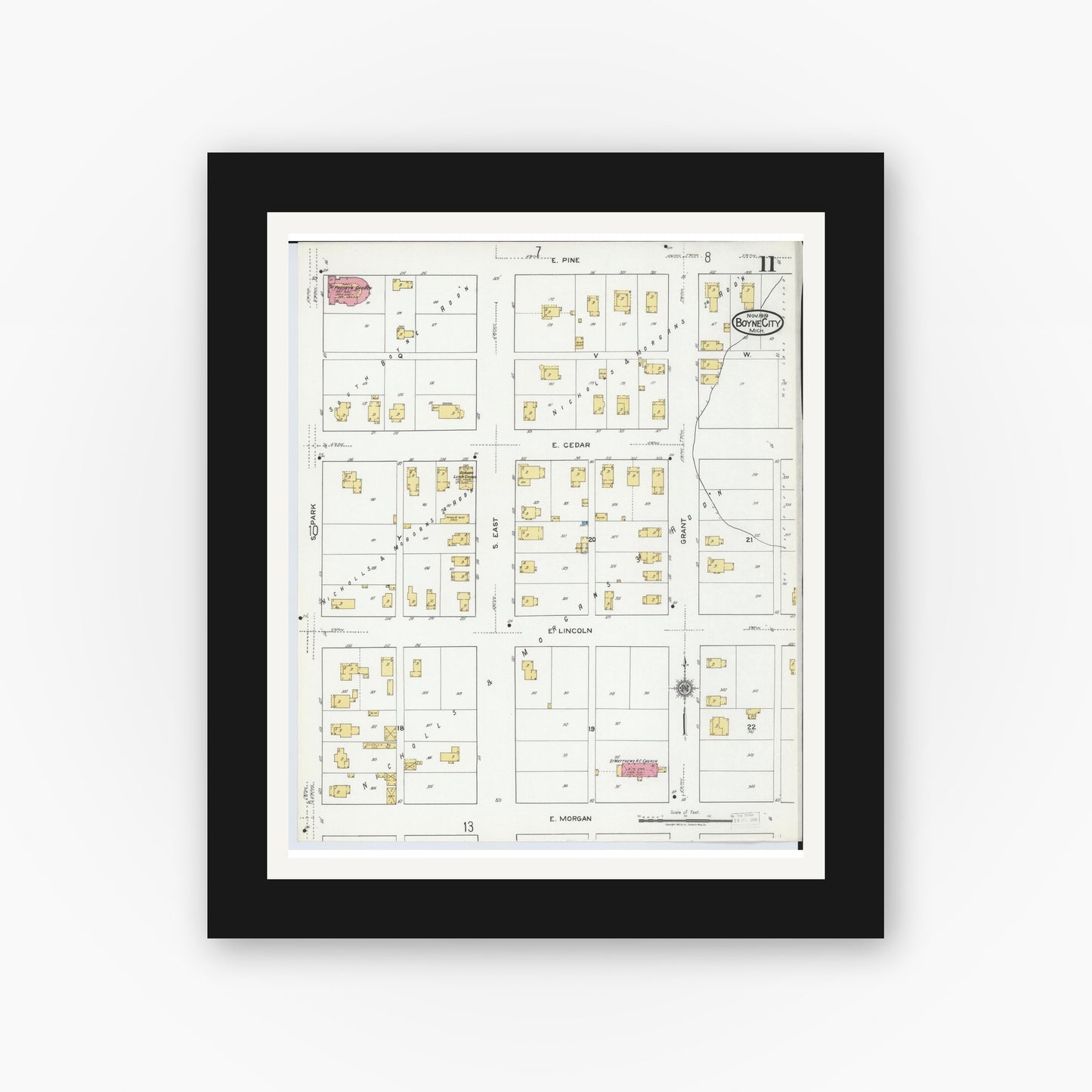 Old map wall art mockup — black gallery frame with white mat — Sanborn Fire Insurance Map from Boyne City, Charlevoix County, Michigan (1919), Sheet #0011