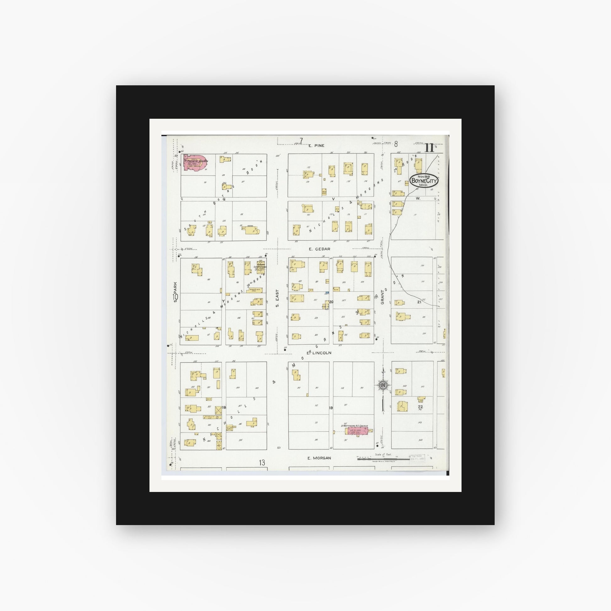 Old map wall art mockup — black gallery frame with white mat — Sanborn Fire Insurance Map from Boyne City, Charlevoix County, Michigan (1919), Sheet #0011