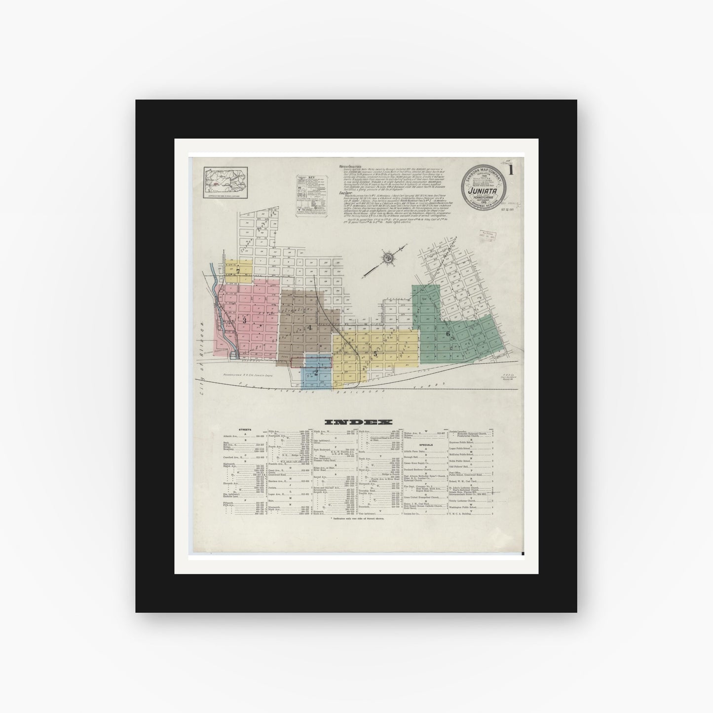 Old map wall art mockup — black gallery frame with white mat — Sanborn Fire Insurance Map from Juniata, Blair County, Pennsylvania (1915) - Complete Map Set