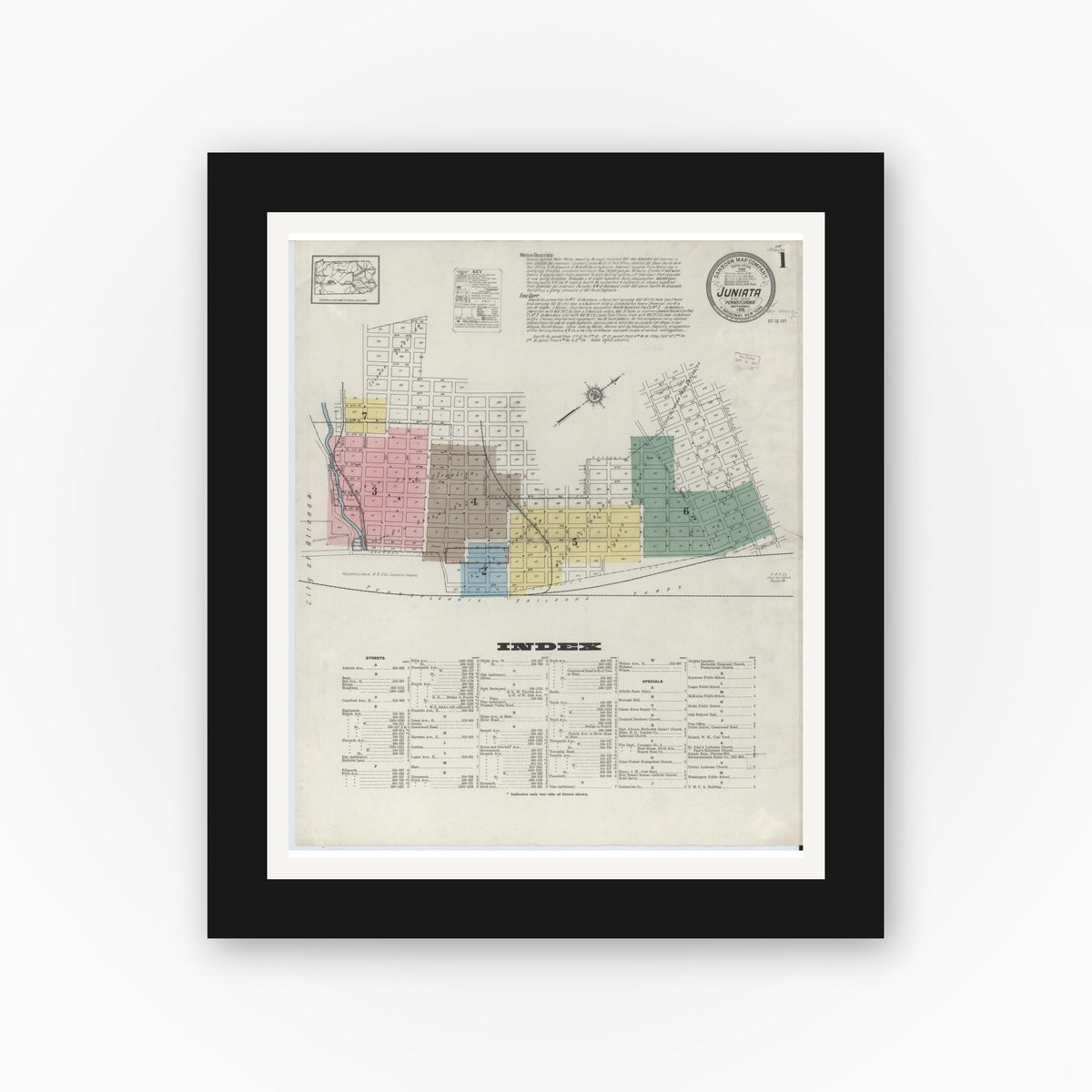 Old map wall art mockup — black gallery frame with white mat — Sanborn Fire Insurance Map from Juniata, Blair County, Pennsylvania (1915) - Complete Map Set