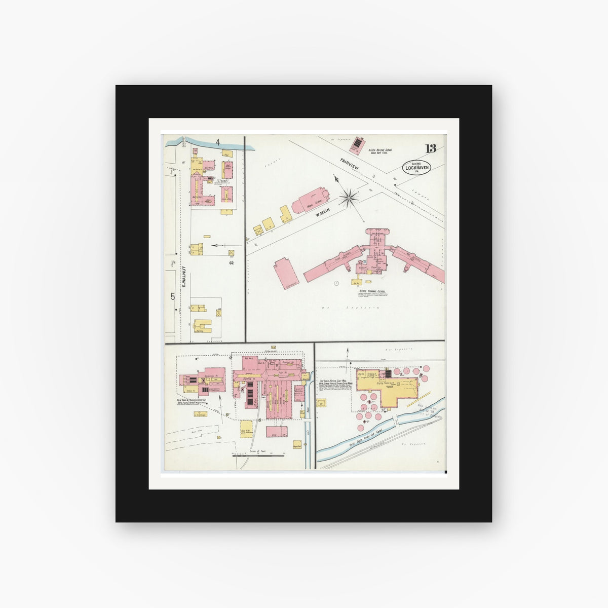 Old map wall art mockup — black gallery frame with white mat — Sanborn Fire Insurance Map from Lock Haven, Clinton County, Pennsylvania (1901), Sheet #0013