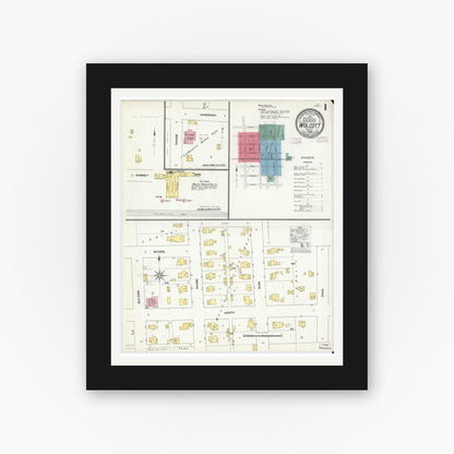 Old map wall art mockup — black gallery frame with white mat — Sanborn Fire Insurance Map from Wolcott, White County, Indiana (1909) - Complete Map Set