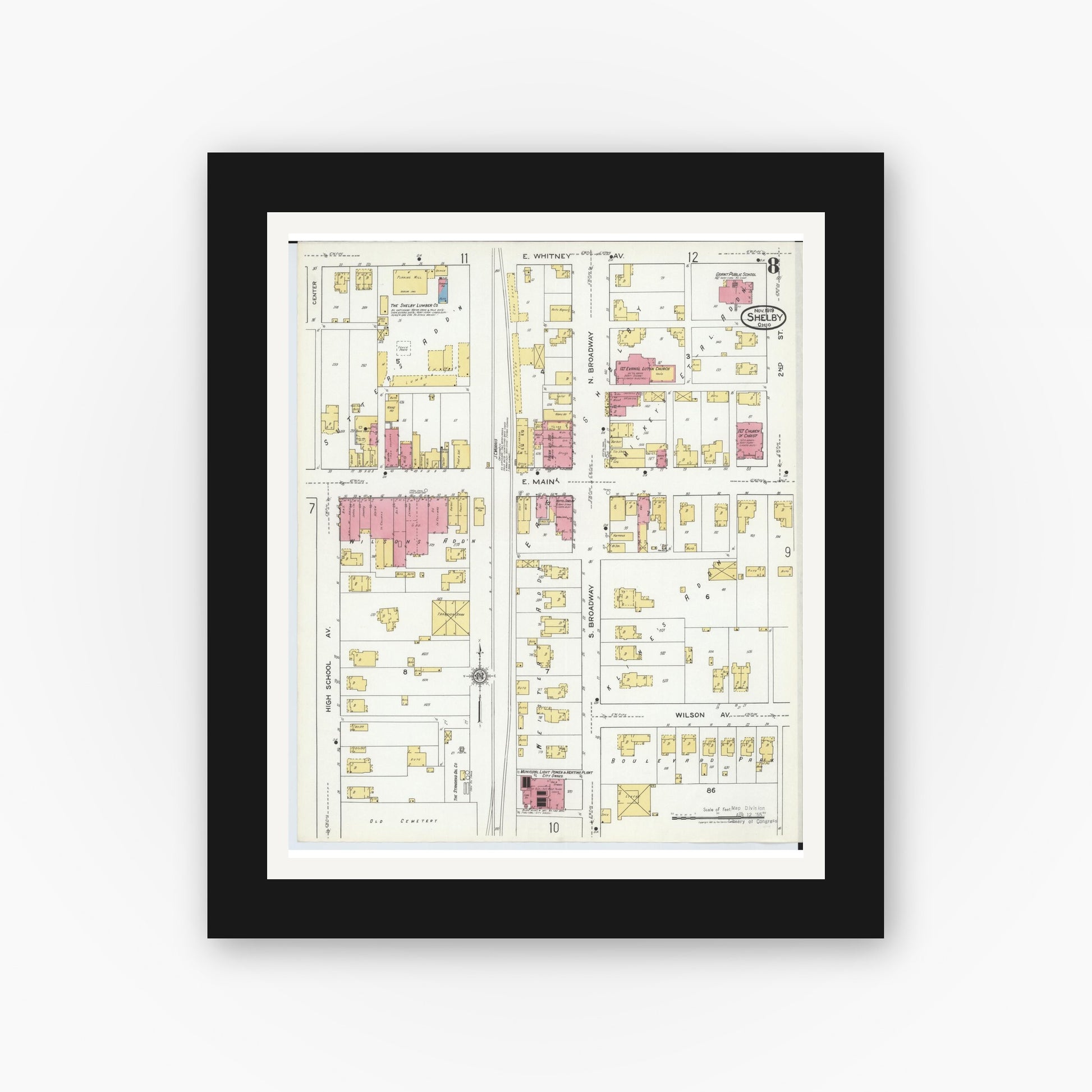 Old map wall art mockup — black gallery frame with white mat — Sanborn Fire Insurance Map from Shelby, Richland County, Ohio (1919), Sheet #0008