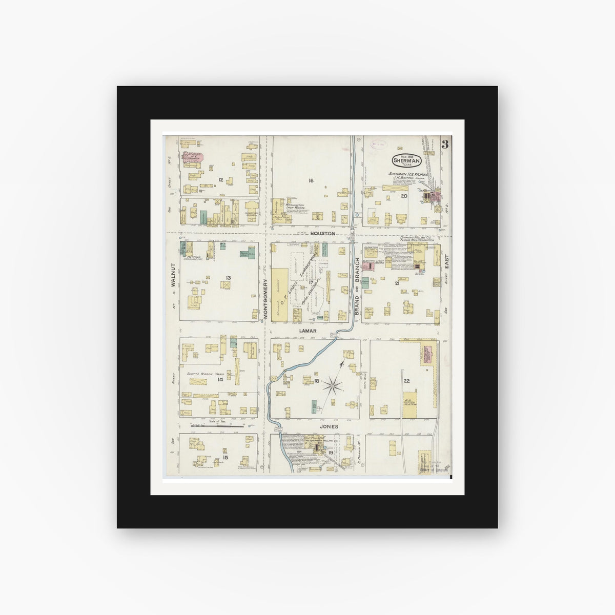 Old map wall art mockup — black gallery frame with white mat — Sanborn Fire Insurance Map from Sherman, Grayson County, Texas (1888), Sheet #0003