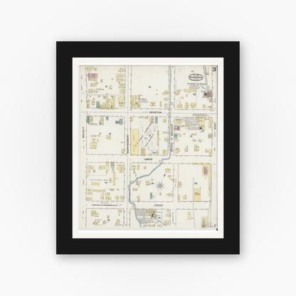 Old map wall art mockup — black gallery frame with white mat — Sanborn Fire Insurance Map from Sherman, Grayson County, Texas (1888), Sheet #0003
