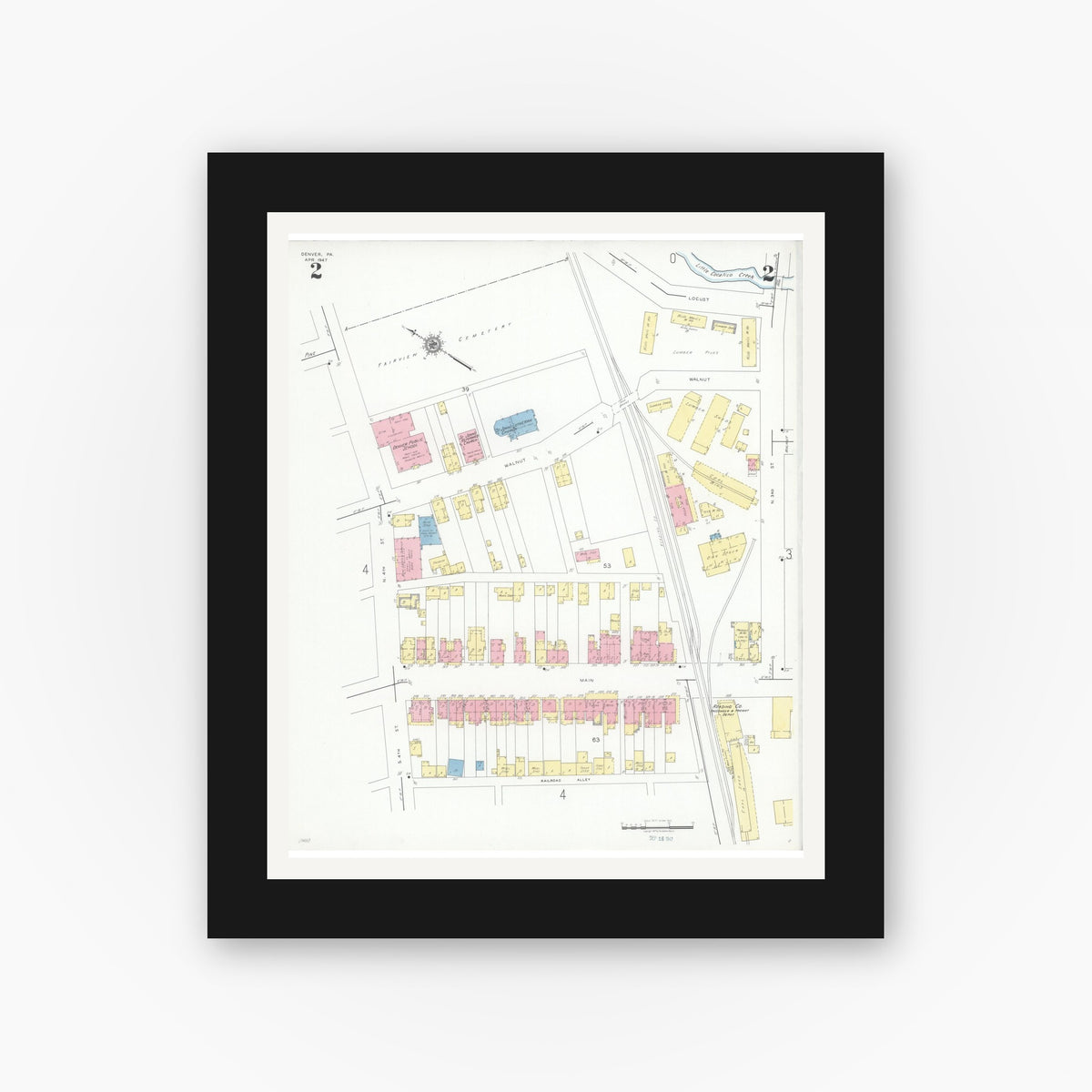 Old map wall art mockup — black gallery frame with white mat — Sanborn Fire Insurance Map from Denver, Lancaster County, Pennsylvania (1947), Sheet #0002