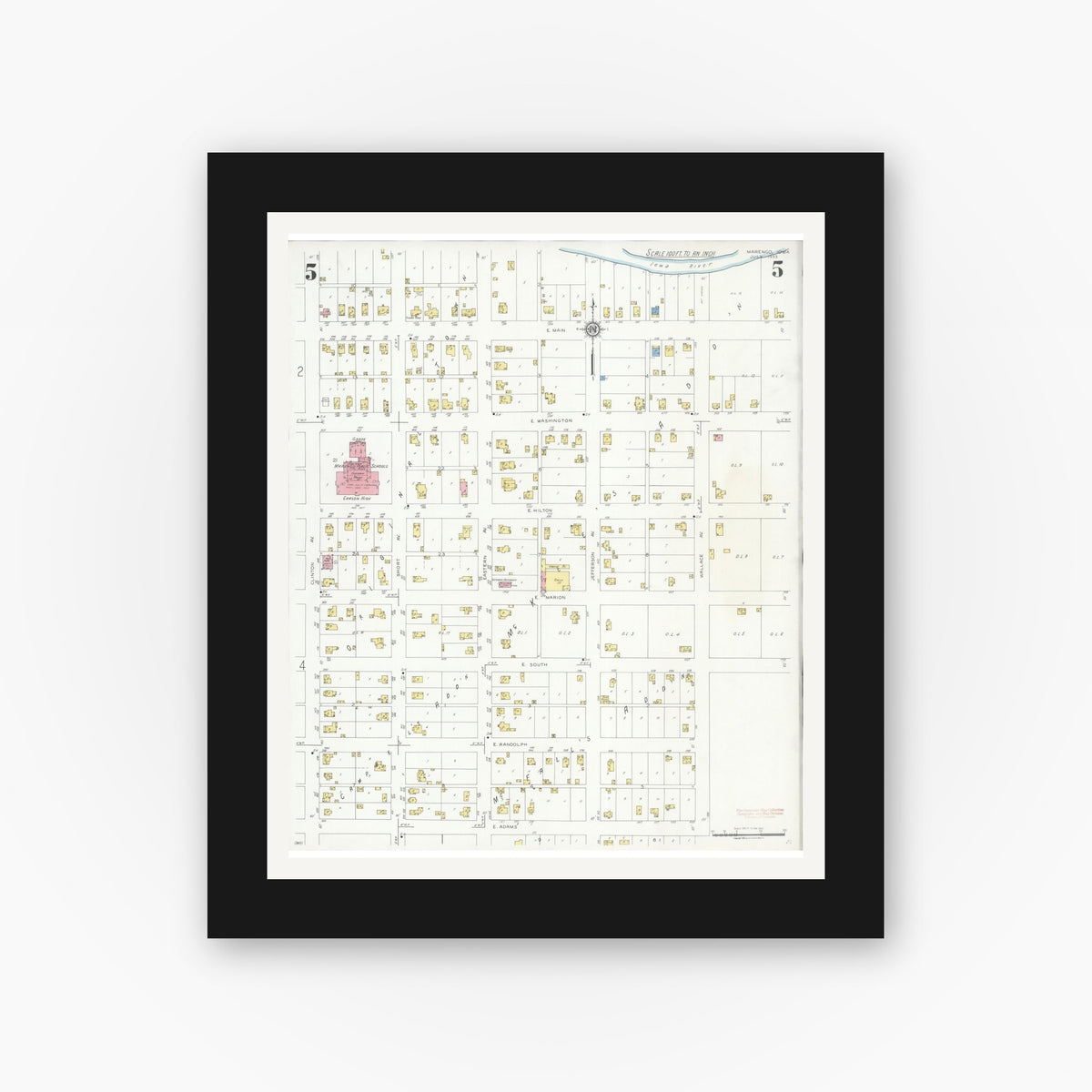 Old map wall art mockup — black gallery frame with white mat — Sanborn Fire Insurance Map from Marengo, Iowa County, Iowa (1933), Sheet #0005