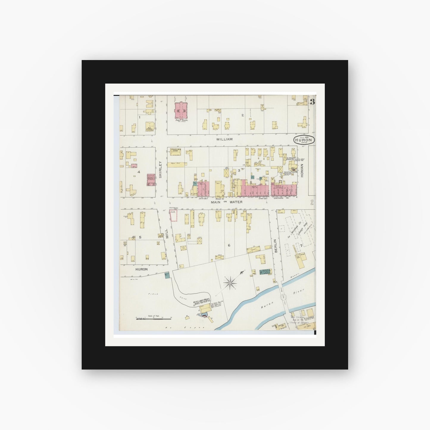 Old map wall art mockup — black gallery frame with white mat — Sanborn Fire Insurance Map from Huron, Erie County, Ohio (1893), Sheet #0003