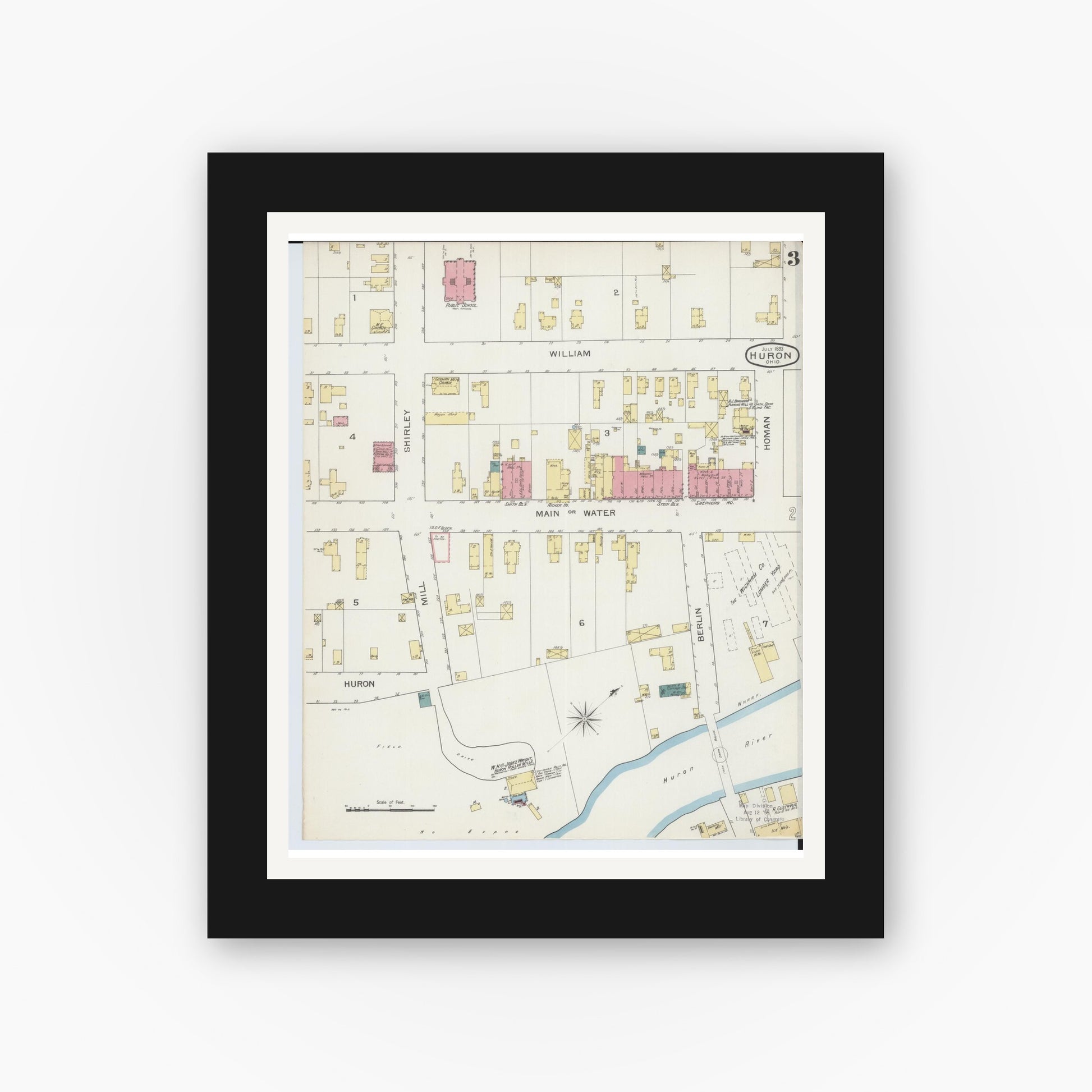 Old map wall art mockup — black gallery frame with white mat — Sanborn Fire Insurance Map from Huron, Erie County, Ohio (1893), Sheet #0003