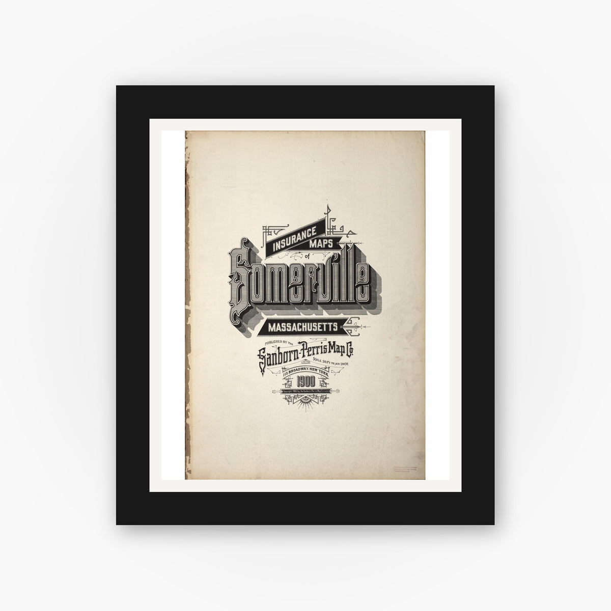 Old map wall art mockup — black gallery frame with white mat — Sanborn Fire Insurance Map from Somerville, Middlesex County, Massachusetts (1900), Sheet #0001