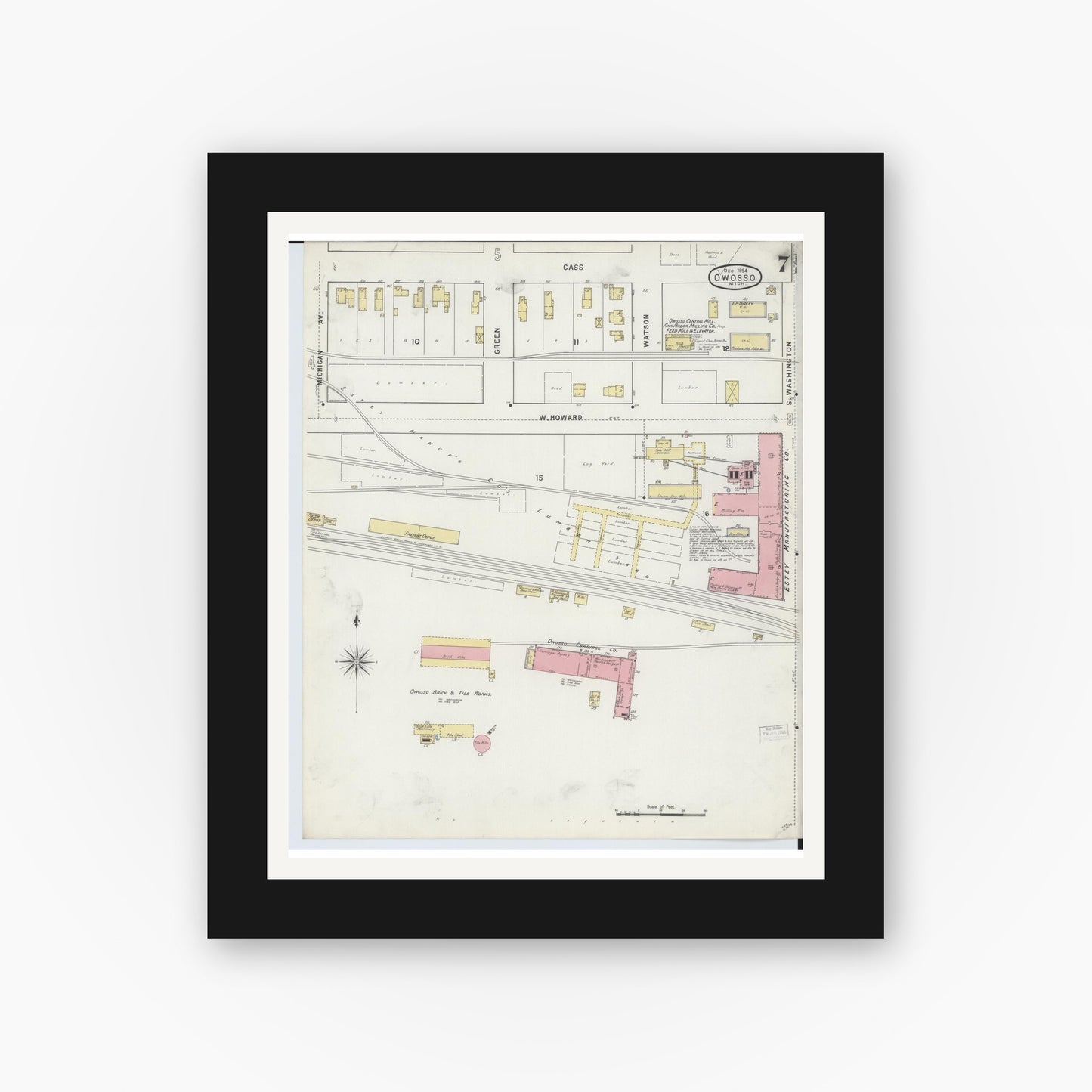 Old map wall art mockup — black gallery frame with white mat — Sanborn Fire Insurance Map from Owosso, Shiawassee County, Michigan (1894), Sheet #0007