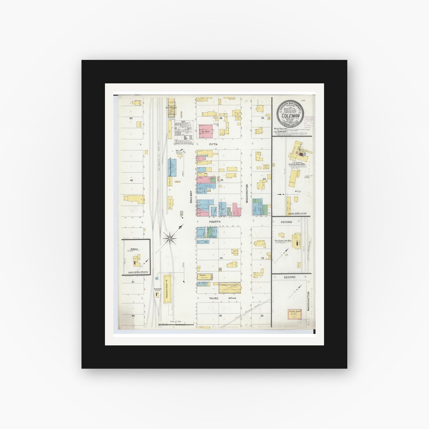 Old map wall art mockup — black gallery frame with white mat — Sanborn Fire Insurance Map from Coleman, Midland County, Michigan (1908), Sheet #0001