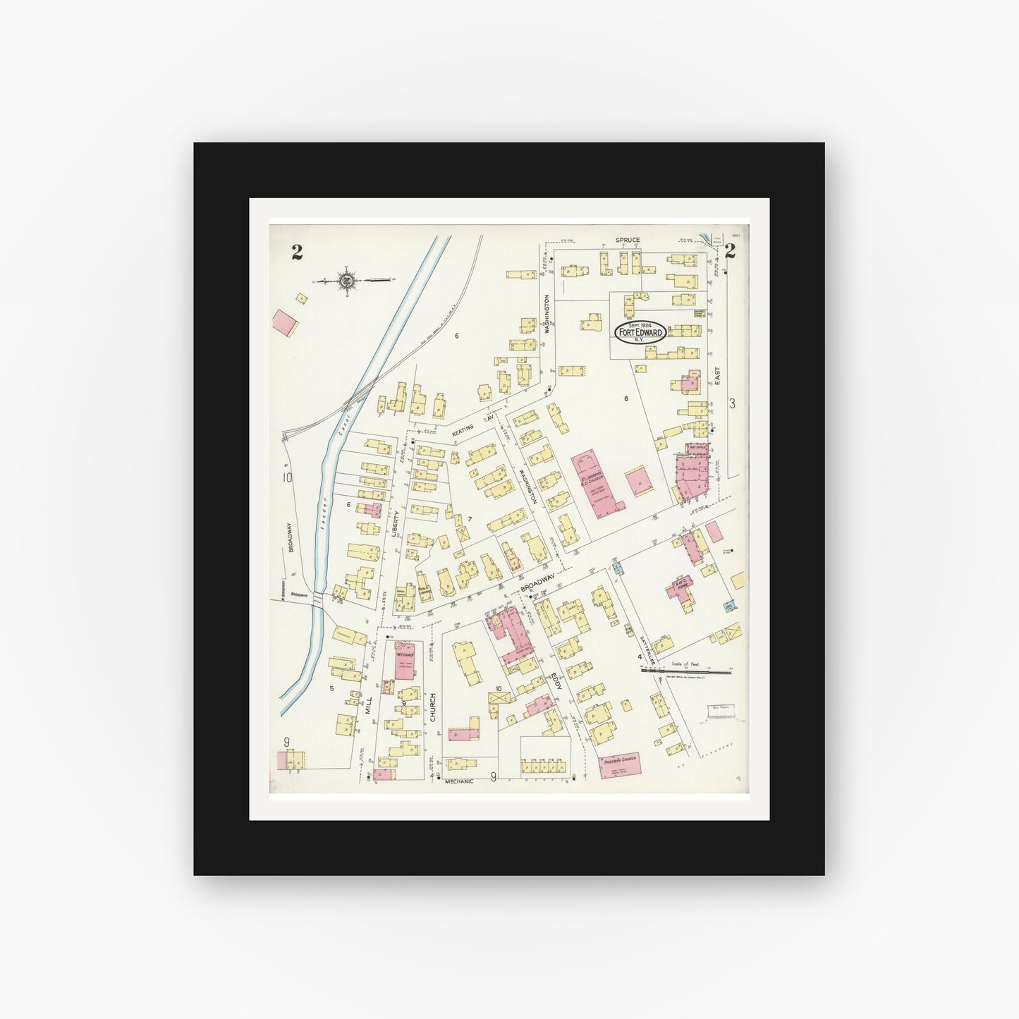 Old map wall art mockup — black gallery frame with white mat — Sanborn Fire Insurance Map from Fort Edward, Washington County, New York (1924) - Complete Map Set