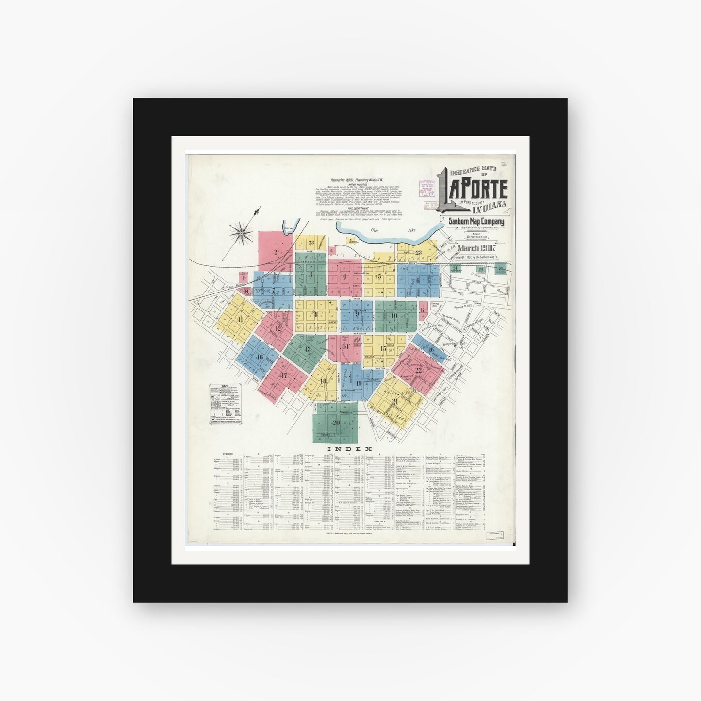 Old map wall art mockup — black gallery frame with white mat — Sanborn Fire Insurance Map from La Porte, La Porte County, Indiana (1907) - Complete Map Set