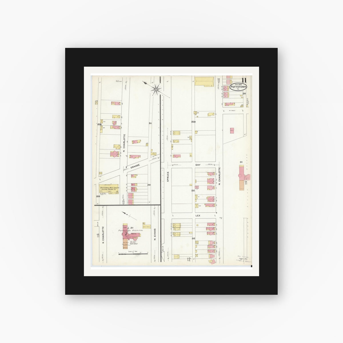 Old map wall art mockup — black gallery frame with white mat — Sanborn Fire Insurance Map from Pottstown, Montgomery County, Pennsylvania (1909), Sheet #0011
