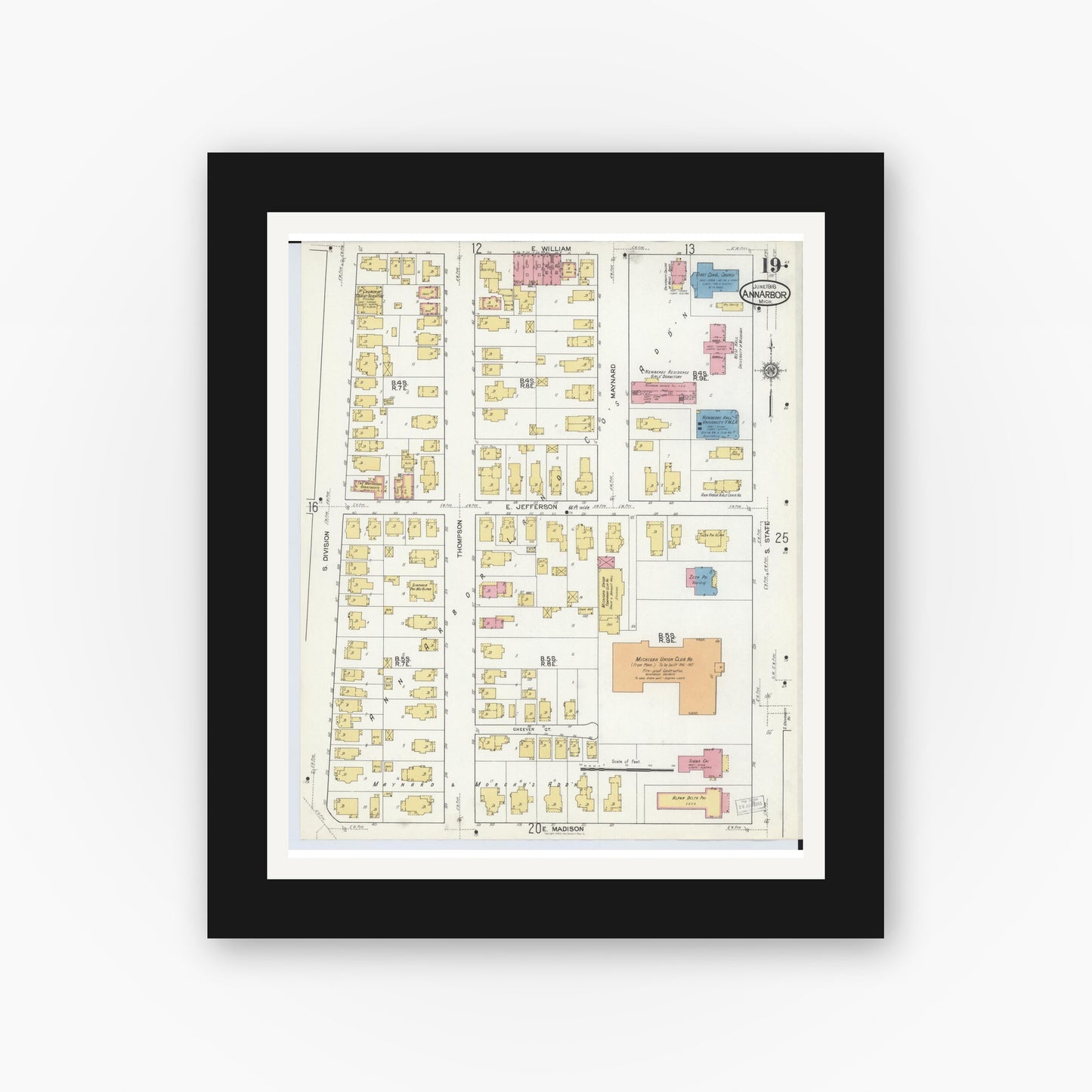 Old map wall art mockup — black gallery frame with white mat — Sanborn Fire Insurance Map from Ann Arbor, Washtenaw County, Michigan (1916), Sheet #0019